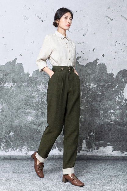 Olive Linen Blend Wide Leg Trousers - High Waist Relaxed Fit c5477