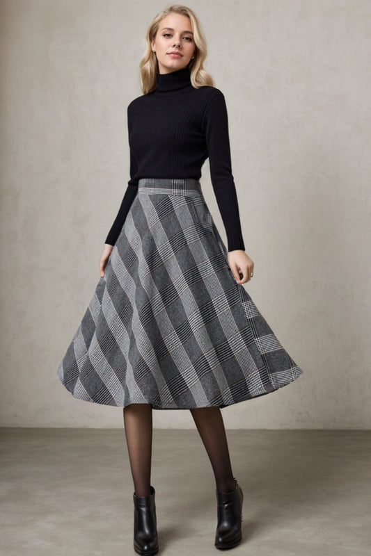 High Waist Check Plaid Winter Skirt Women C4354