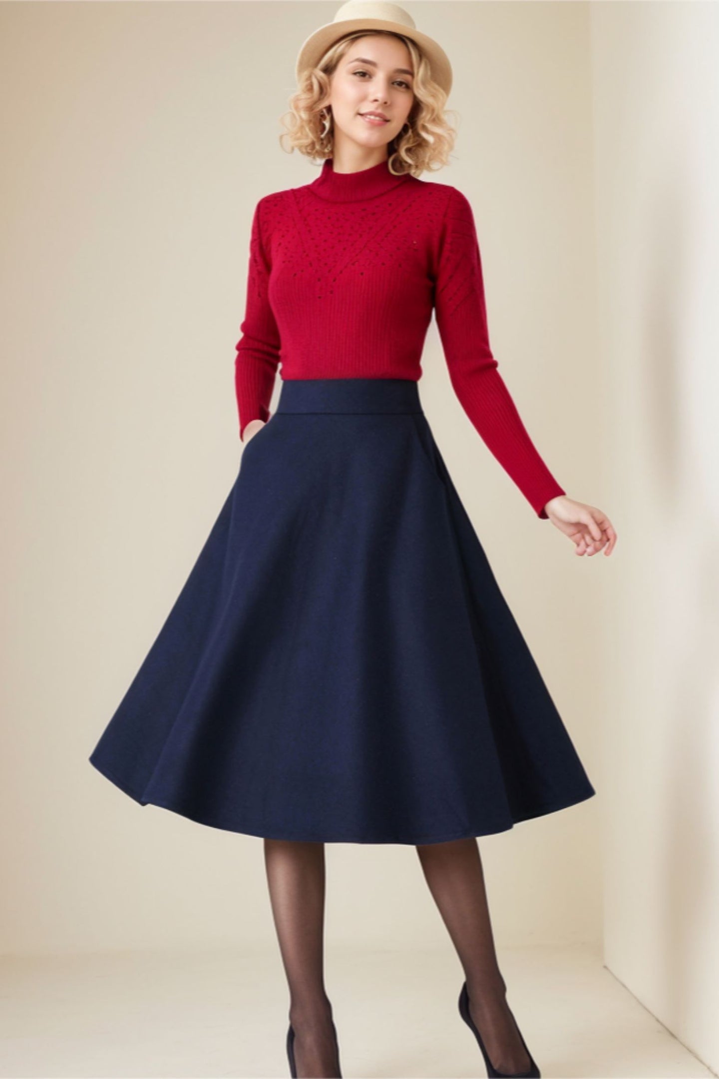 Dark Blue A Line Wool Skirt Women C4352