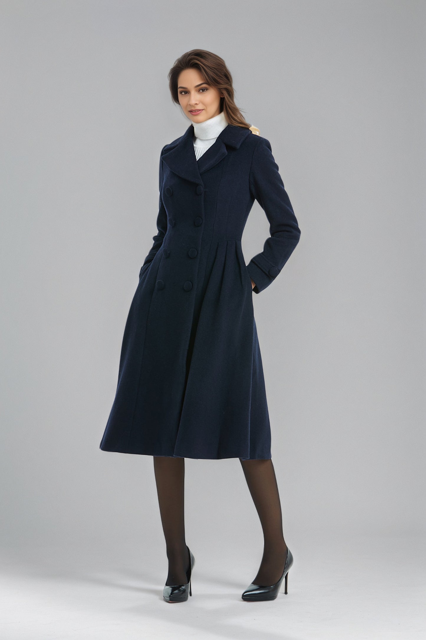 Double breasted Navy Blue Wool Coat C5136