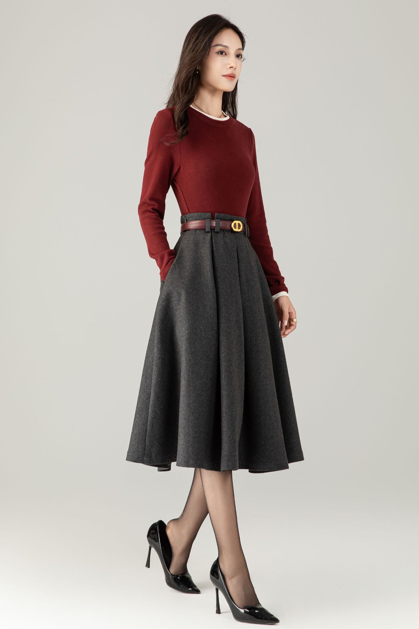 High waist a line gray winter wool skirt C5240