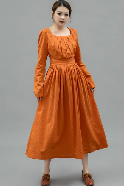 Light Orange Spring Linen Dress Women C4747