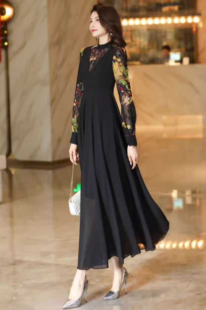 Fit and flare block color maxi chiffon dress C4929