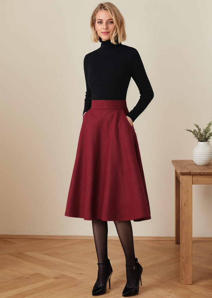 Women's Wine Red Midi Warm Winter Wool Skirt C4357