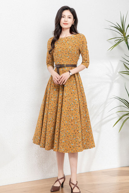 Floral swing linen dress women C4768