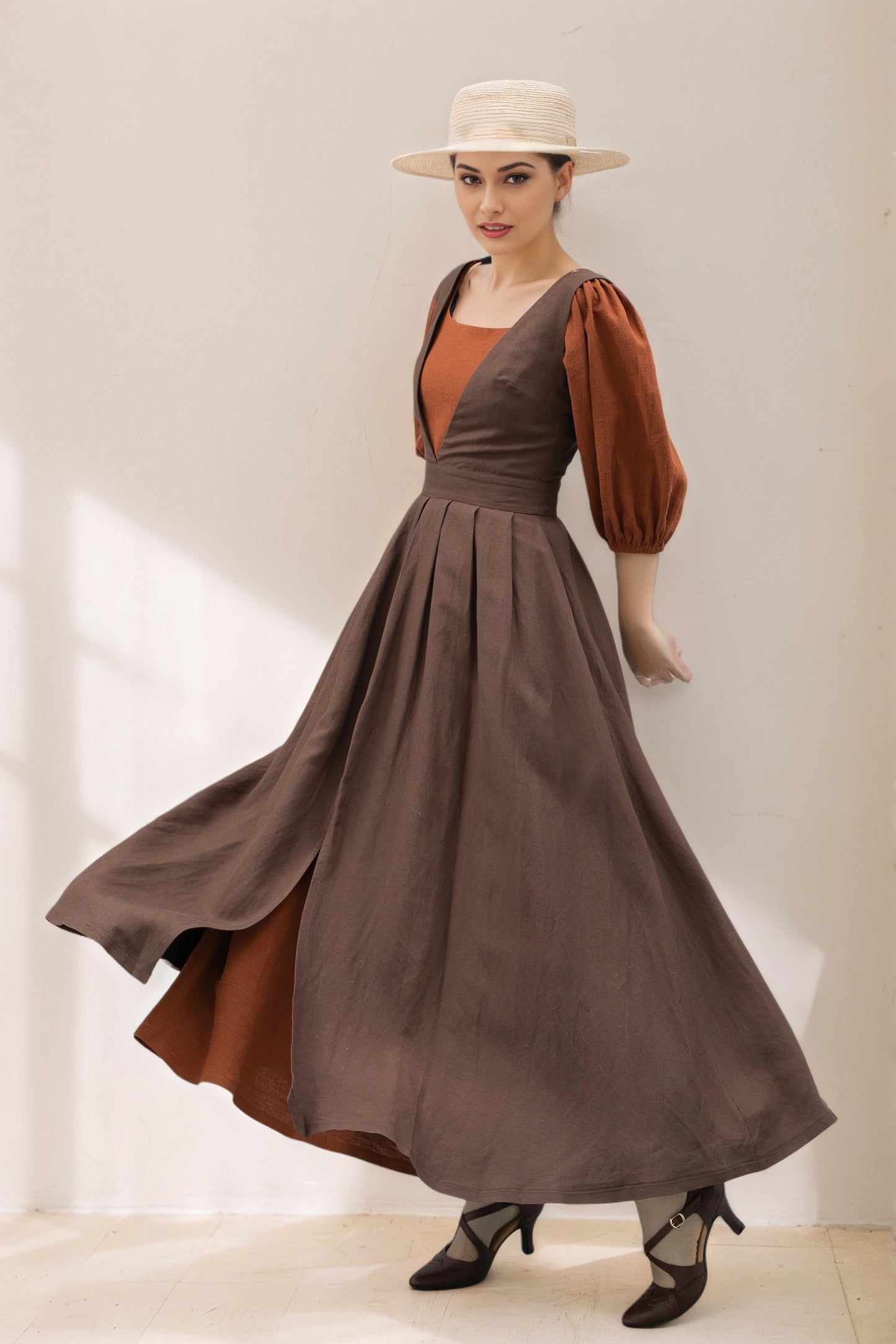 Long Linen pinafore dress C5366