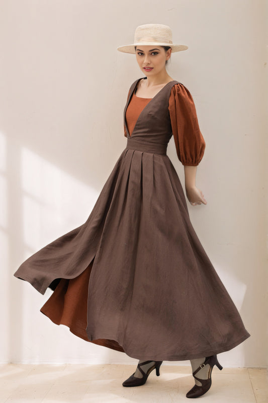 Long Linen pinafore dress C5366