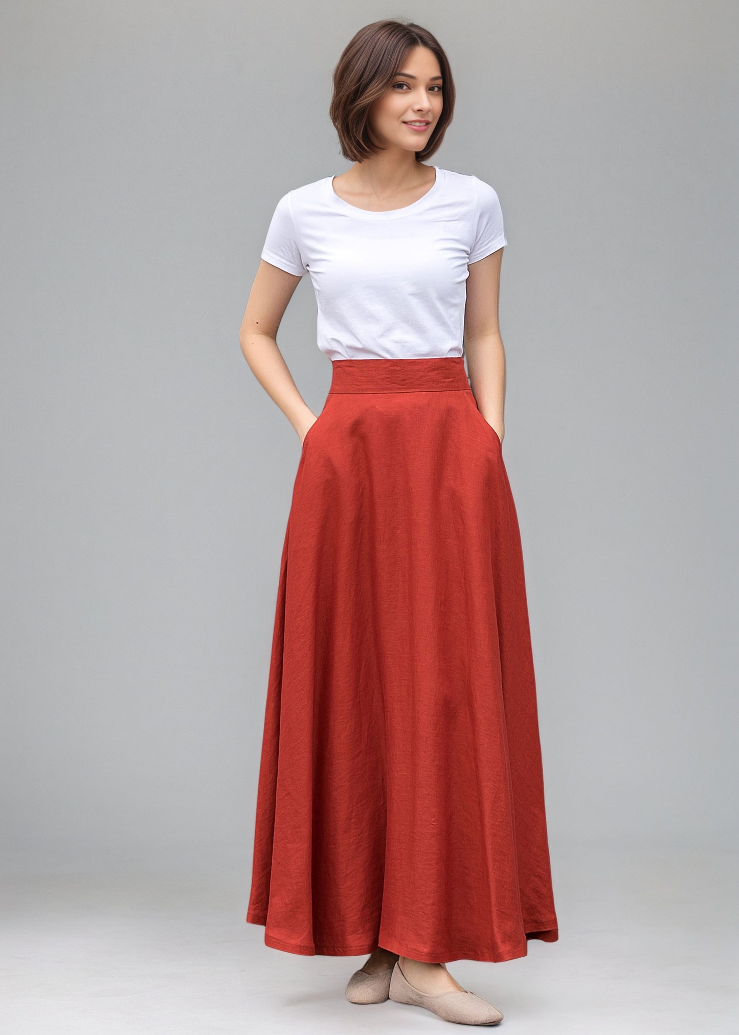 Orange Swing Long Maxi Linen Skirt C5146