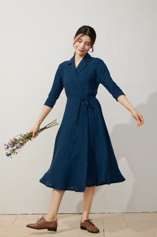 Elegant Navy Blue Linen Wrap Dress C3923