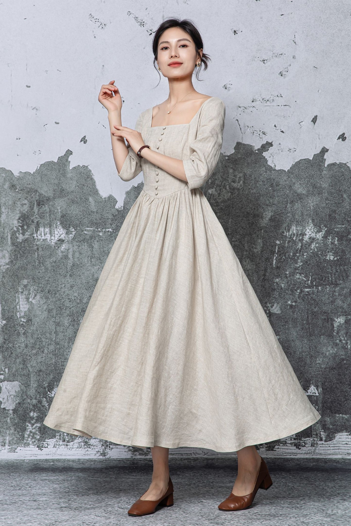 Beige Linen Maxi Dress - Square Neck, Empire Waist c5470