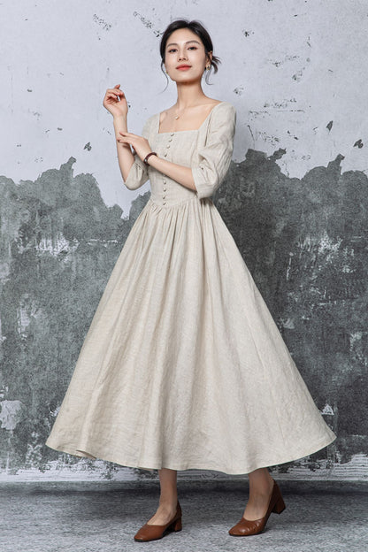 Beige Linen Maxi Dress - Square Neck, Empire Waist c5470