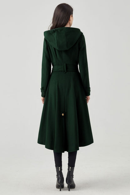 Long Double Breasted Hooded Wool Coat C4406