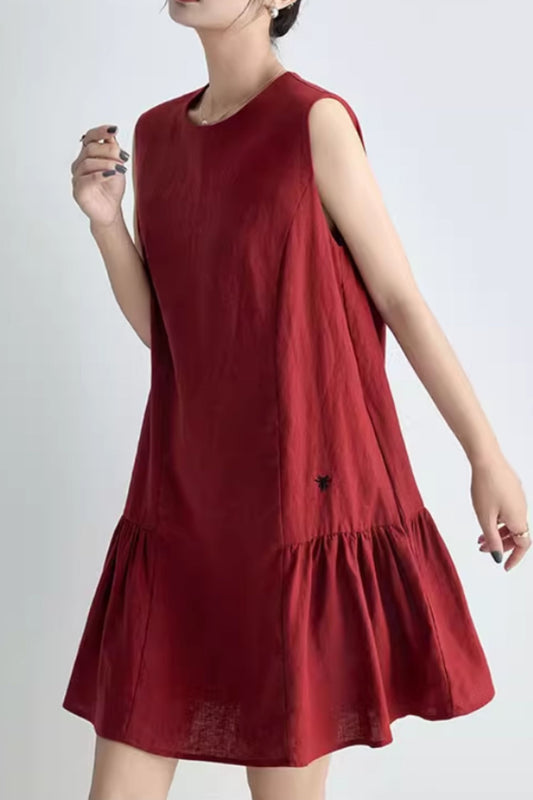 Burgundy womens summer short linen dress C5063