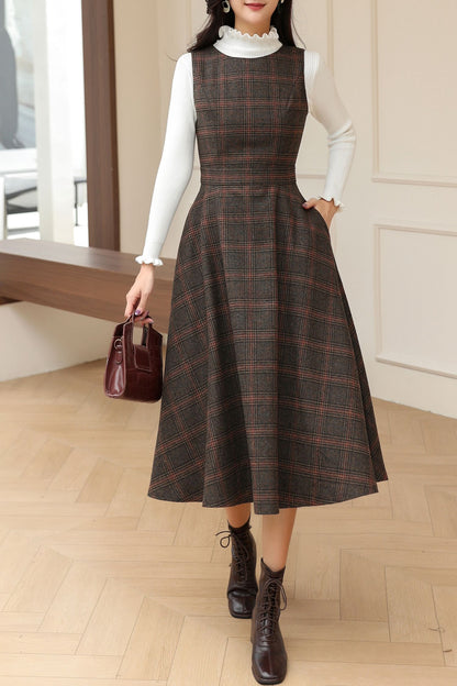 Winter Sleeveless Pinafore Plaid Wool Dress C5192