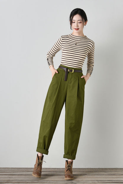 Army green cotton loose fitting pants C4700