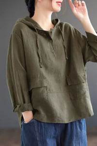 Hooded long sleeves linen tops C4431