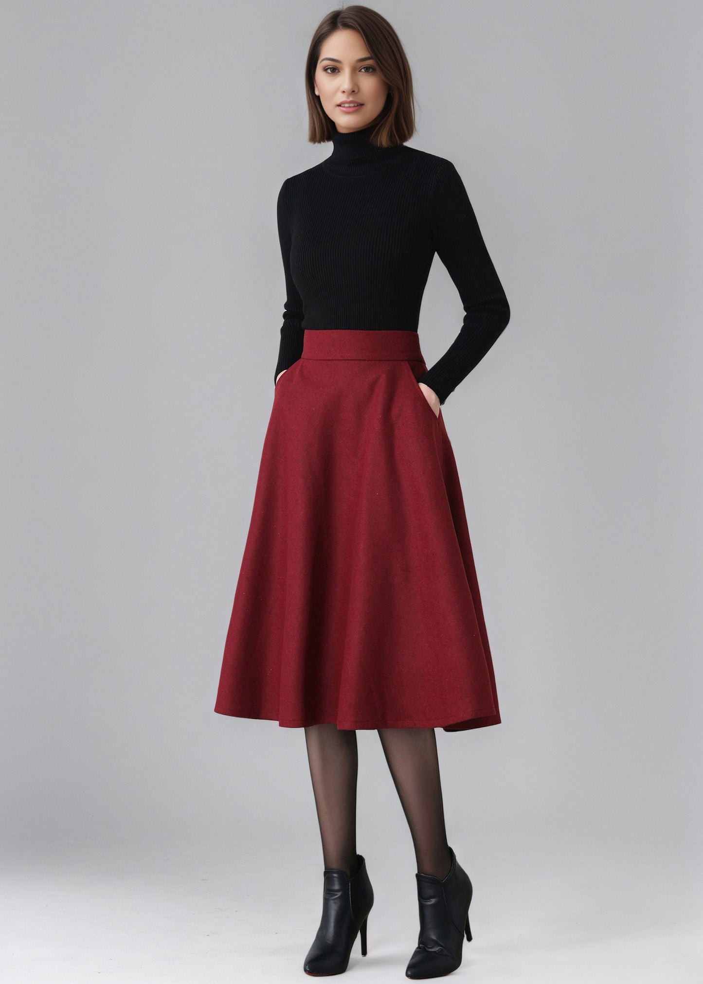 Midi High Waist Wool Skirt With Pocket C5155