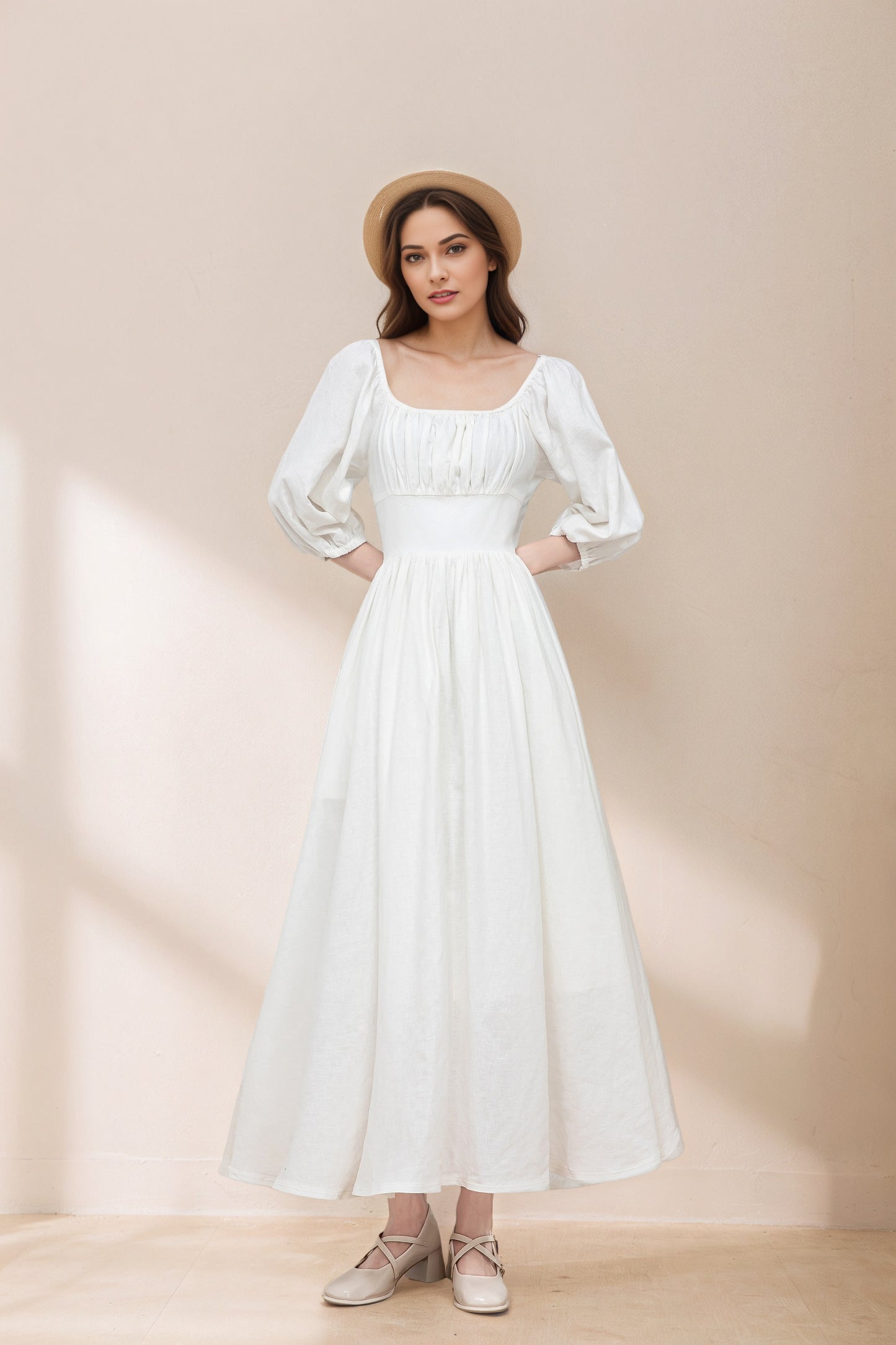 White Linen Swing Dress - Flowy Midi linen Dress C5333