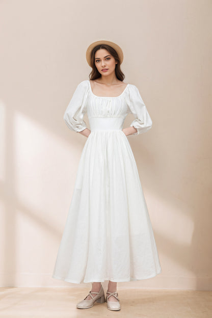 White Linen Swing Dress - Flowy Midi linen Dress C5333