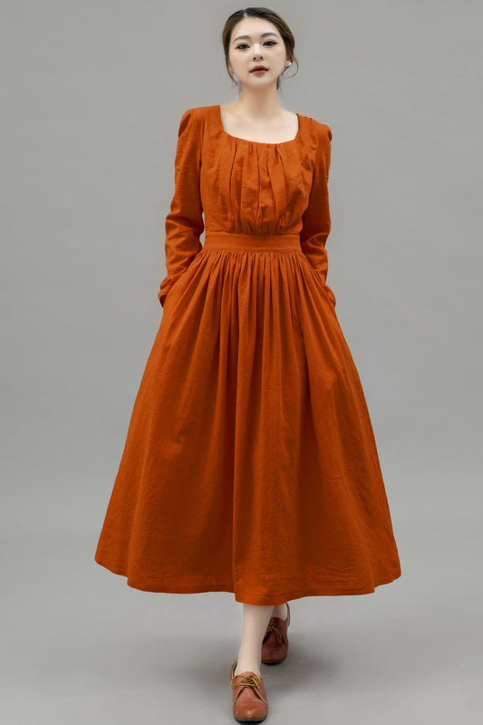 Long Sleeve Orange Linen Dress for Women C4750