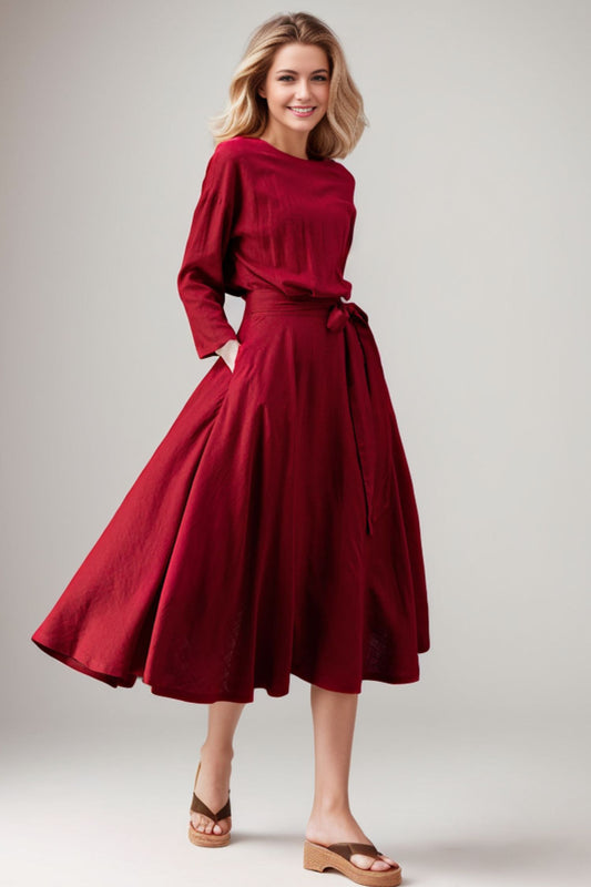 Women's Spring Burgundy Linen belted Dress C4104