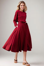 Load image into Gallery viewer, Women&#39;s Spring Burgundy Linen belted Dress C4104
