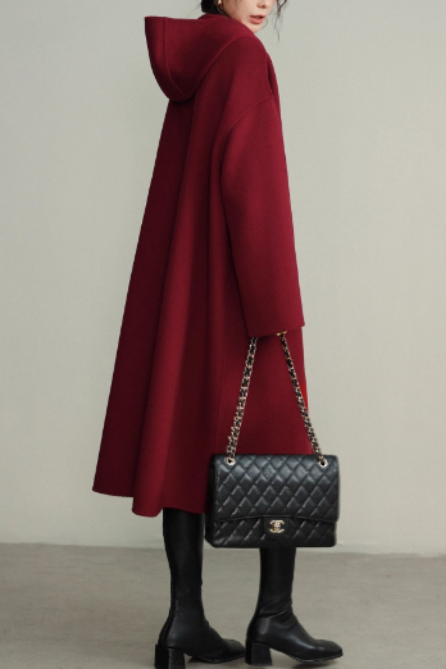 Burgundy hooded loose fitting wool coat C5355