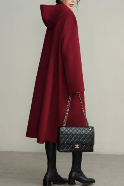 Burgundy hooded loose fitting wool coat C5355