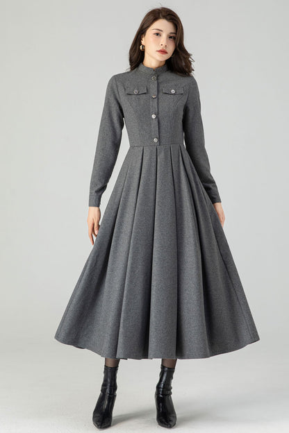 Autumn/winter Gray Wool Dress C4316