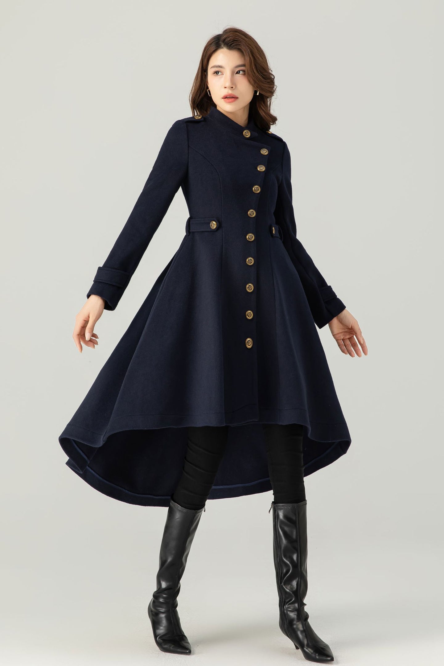 Womens Asymmetrical Navy Wool Coat C3700