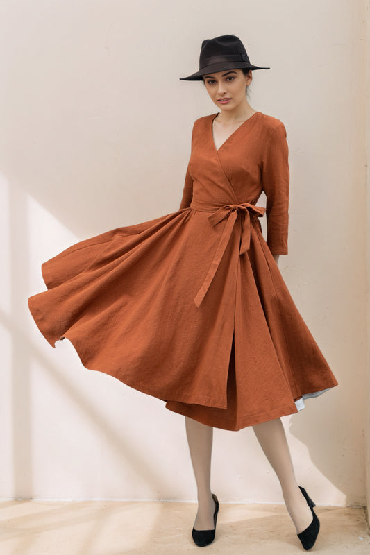 V-Neck Swing Midi linen dress with Waist Tie C5359