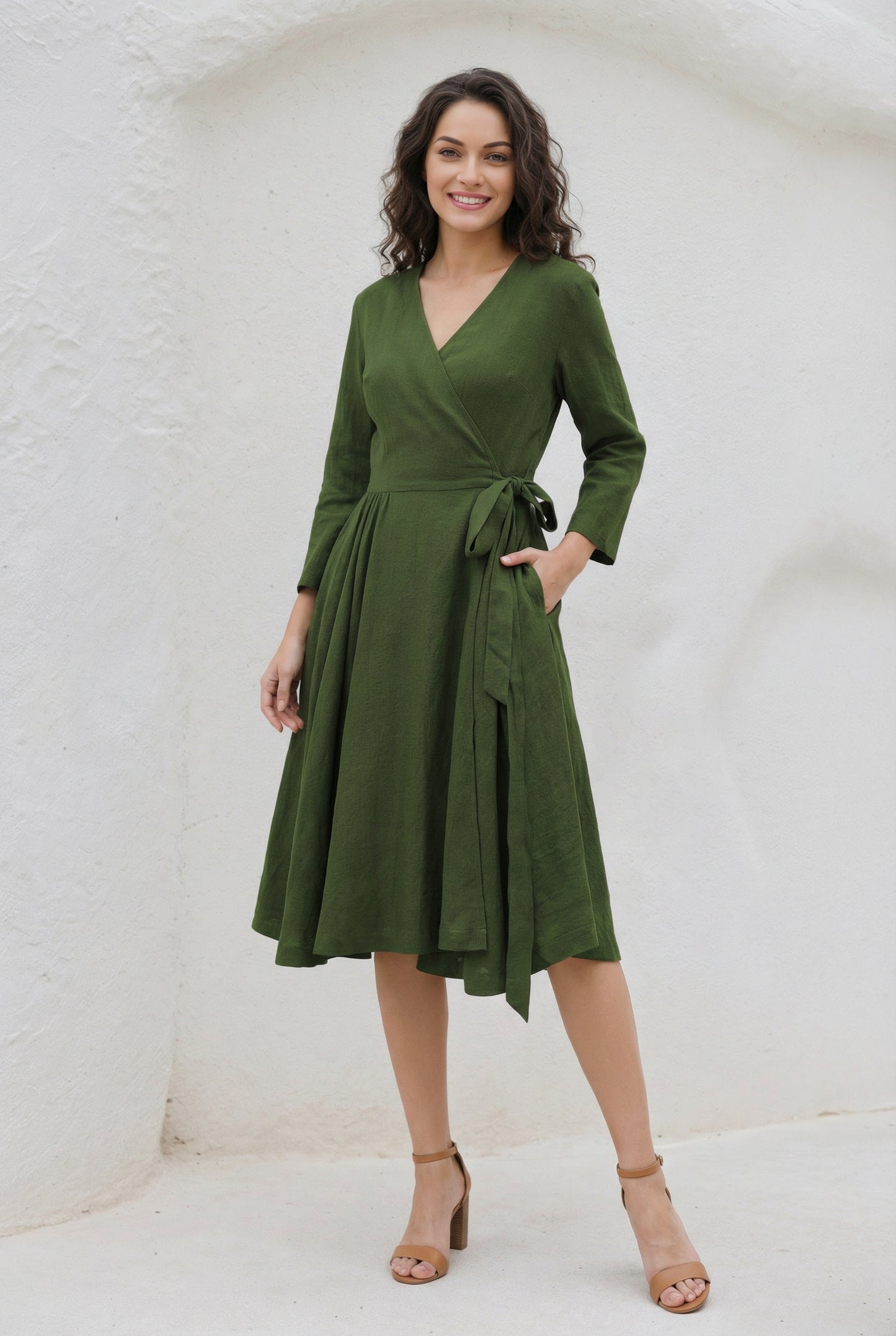 V-Neck Swing Midi linen dress with Waist Tie C5393