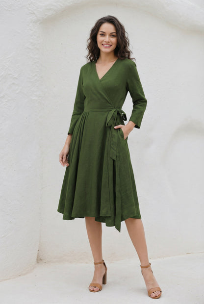 V-Neck Swing Midi linen dress with Waist Tie C5393