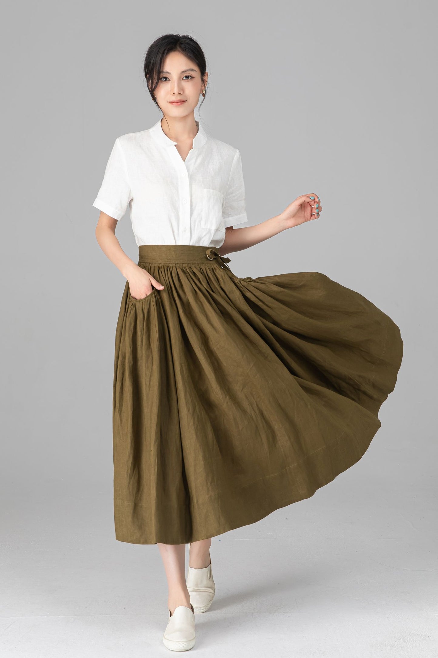 Olive Green Linen Midi Skirt - High Waisted A-Line with Pleats C5522