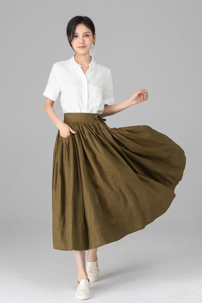 Olive Green Linen Midi Skirt - High Waisted A-Line with Pleats C5522