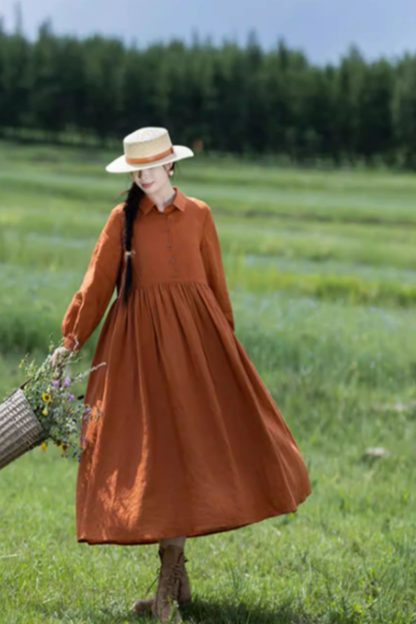 Orange long sleeves spring linen shirt dress women C5422