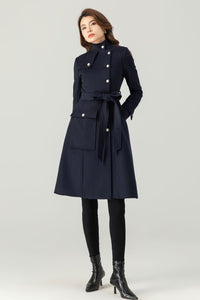 Womens Navy Blue Wool Coat C3699