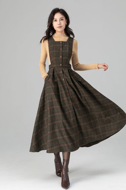 Classic Plaid A Line Apron Midi Wool Dress C5196