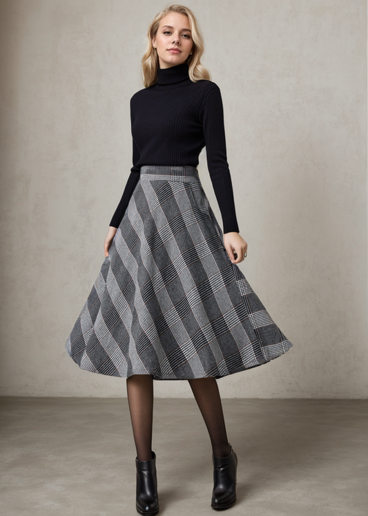 Women A-Line Midi Plaid High Waist Skirt  C4354