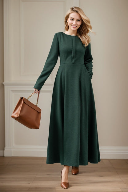 Green maxi winter wool dress women C4443