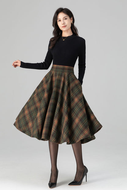 Swing Retro Tartan Midi Plaid Wool Skirt C5197