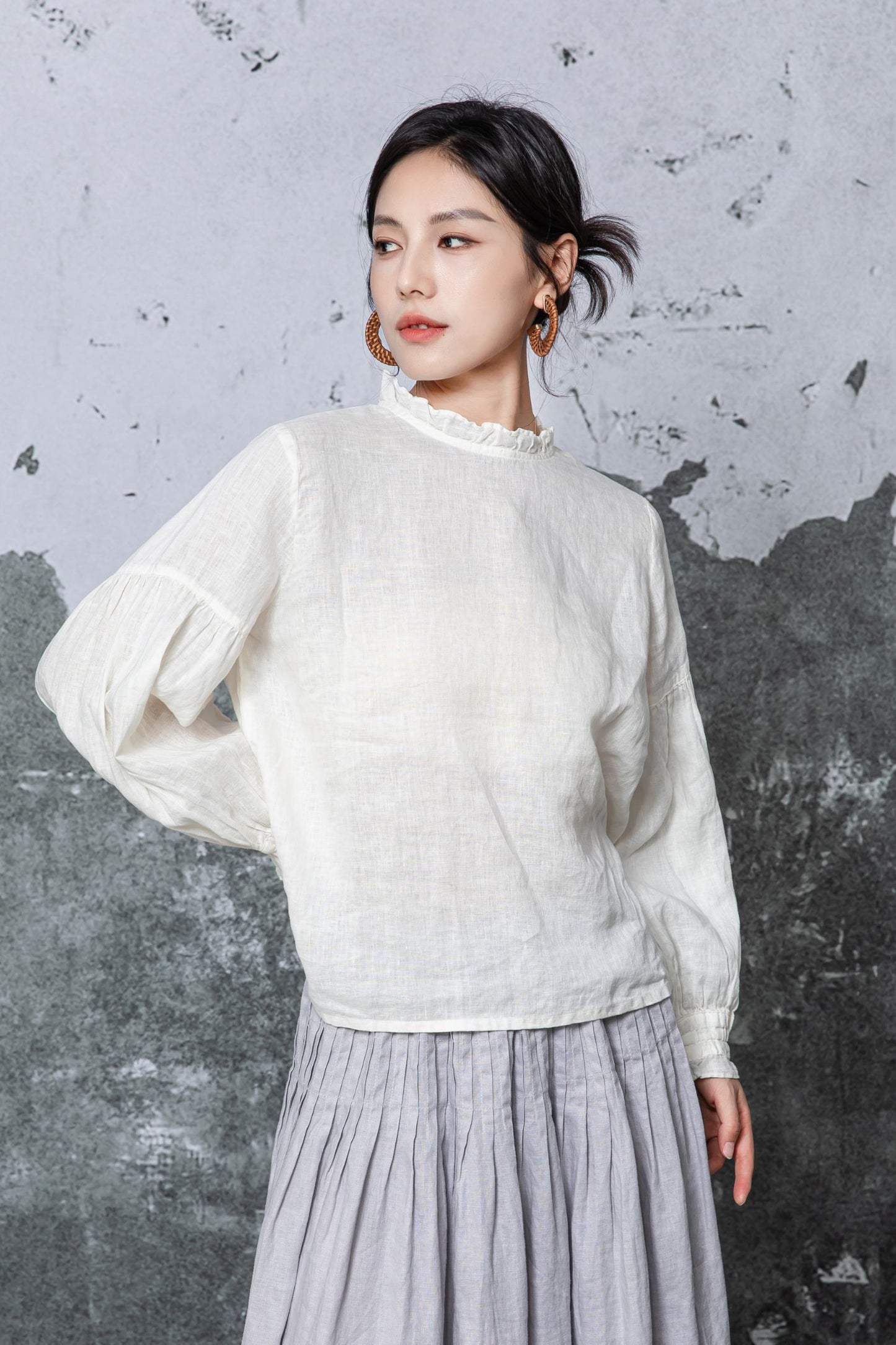 Off-White Linen Blouse - Ruffled Neck and Cuffs with Relaxed Fit c5467