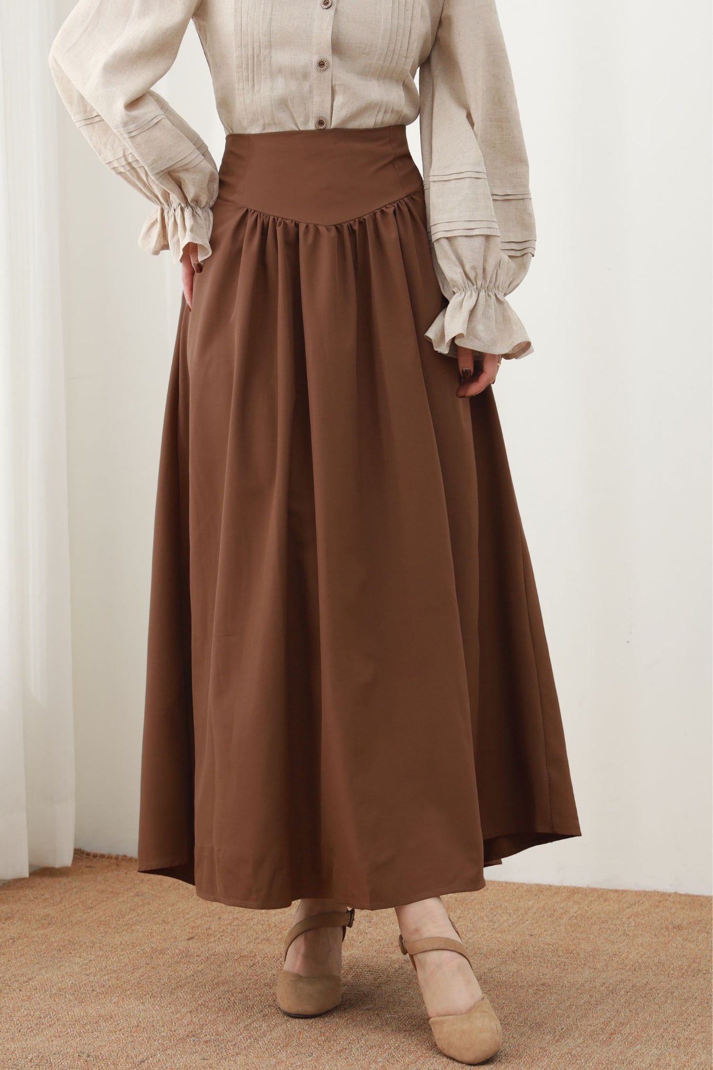 Caramel Linen Maxi Skirt - High Waist Pleated A-Line Silhouette c5452