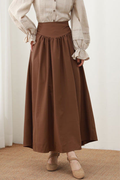 Caramel Linen Maxi Skirt - High Waist Pleated A-Line Silhouette c5452