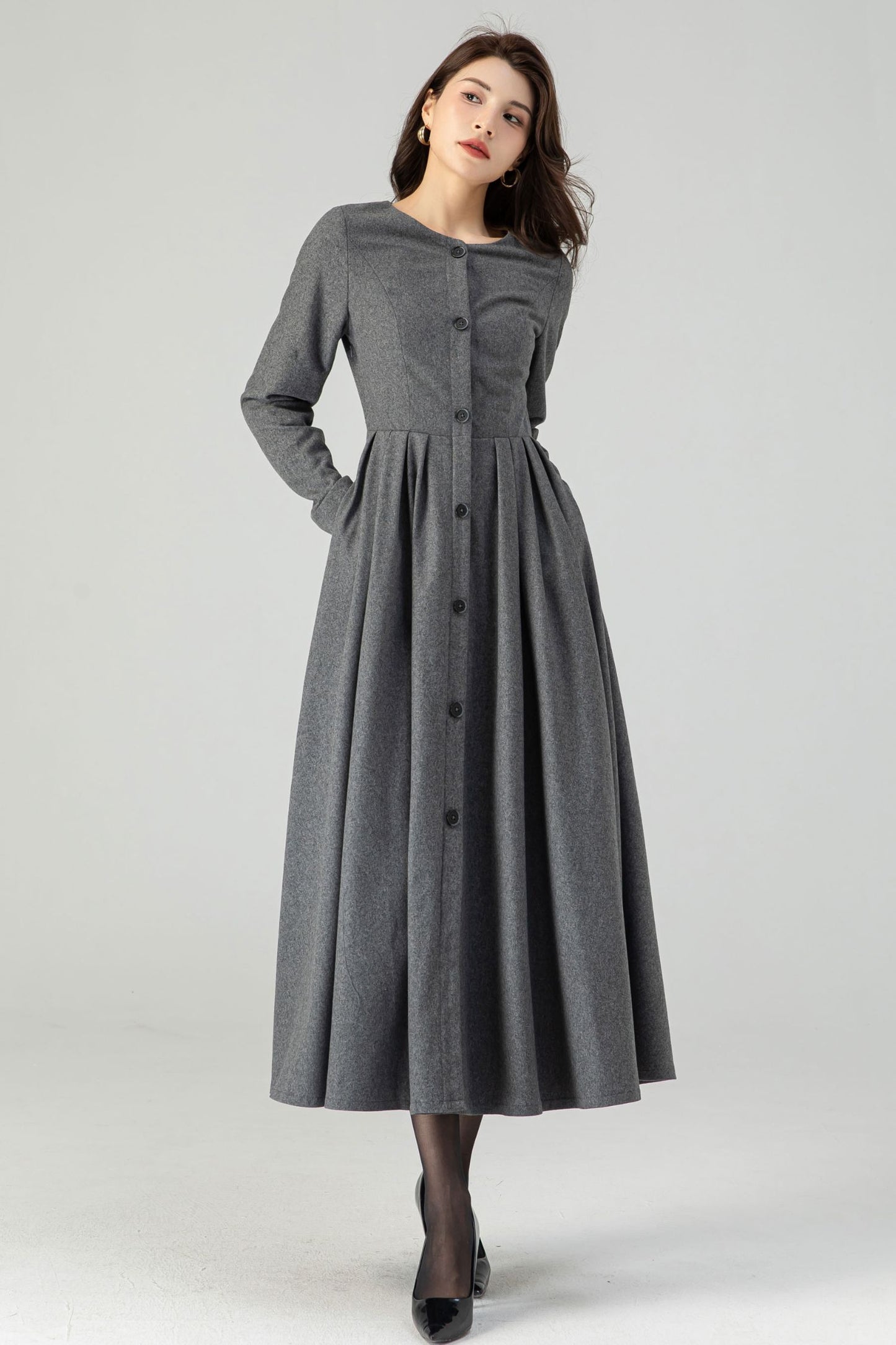 Midi Button Front Wool Dress C4319