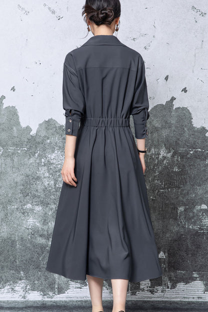 Gray Polyester Shirt Midi Dress - Pleated Flared Skirt c5471