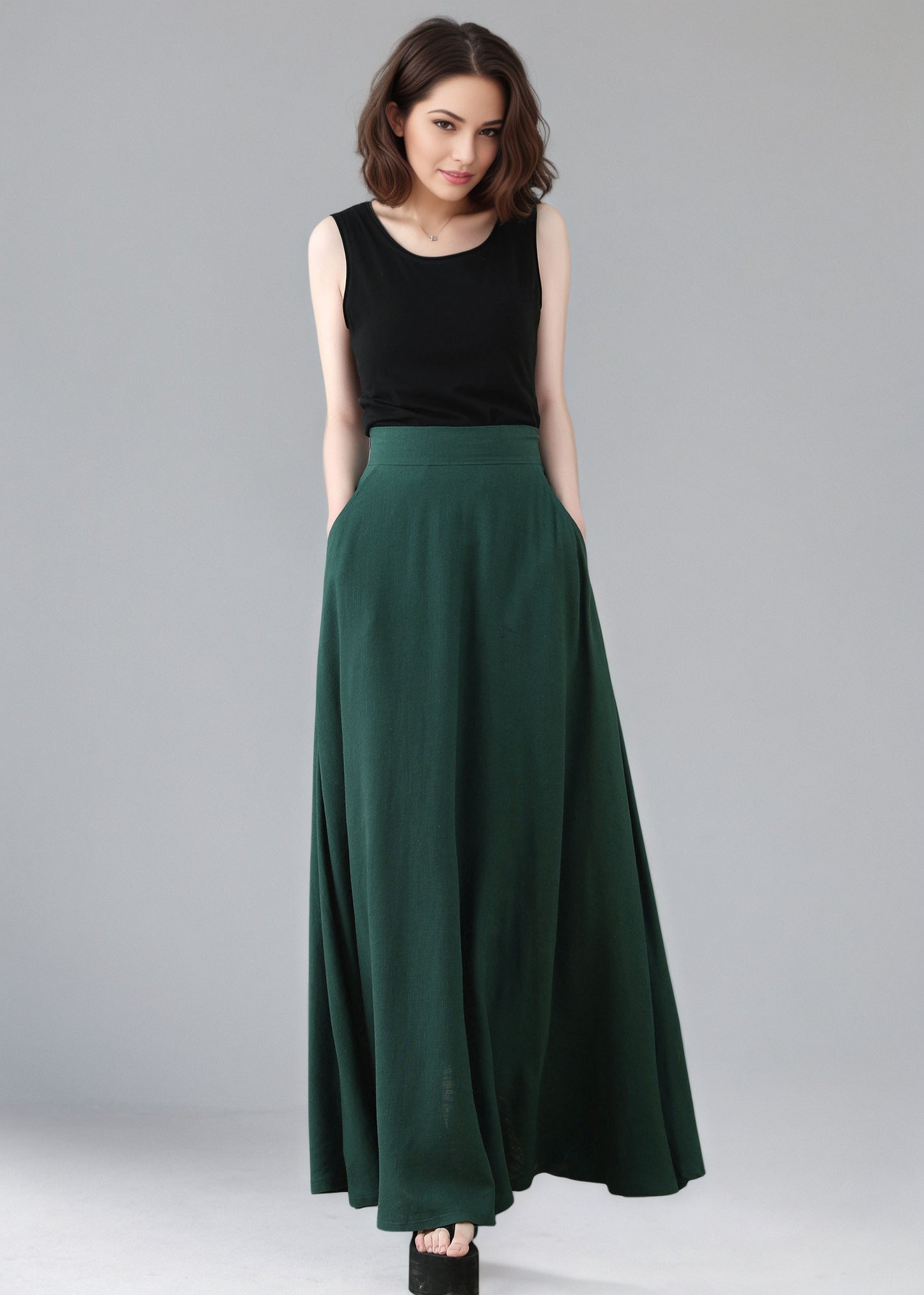 Long Green A-Line  Linen Maxi Skirt C5156