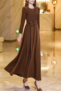 Brown long-sleeved round neck long dress C4180