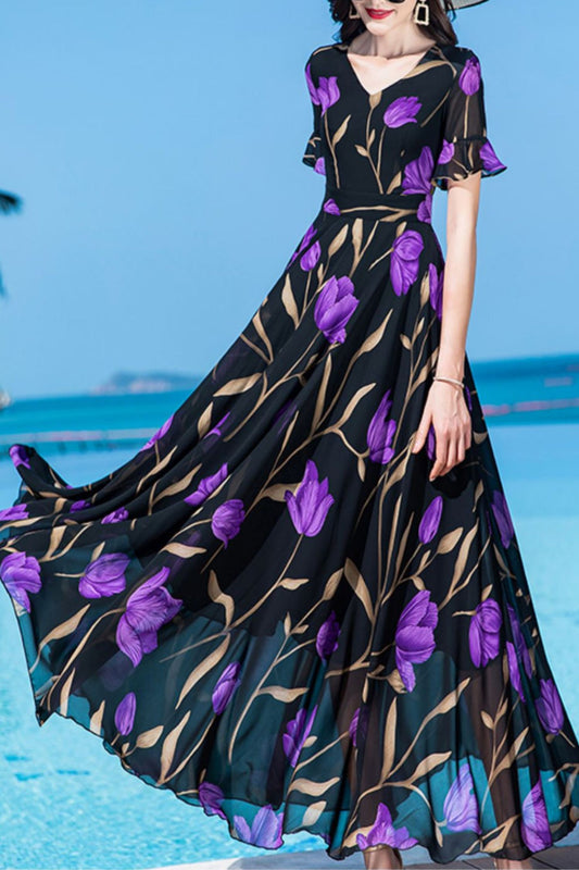 Floor-length summer new French long chiffon dress women C4030