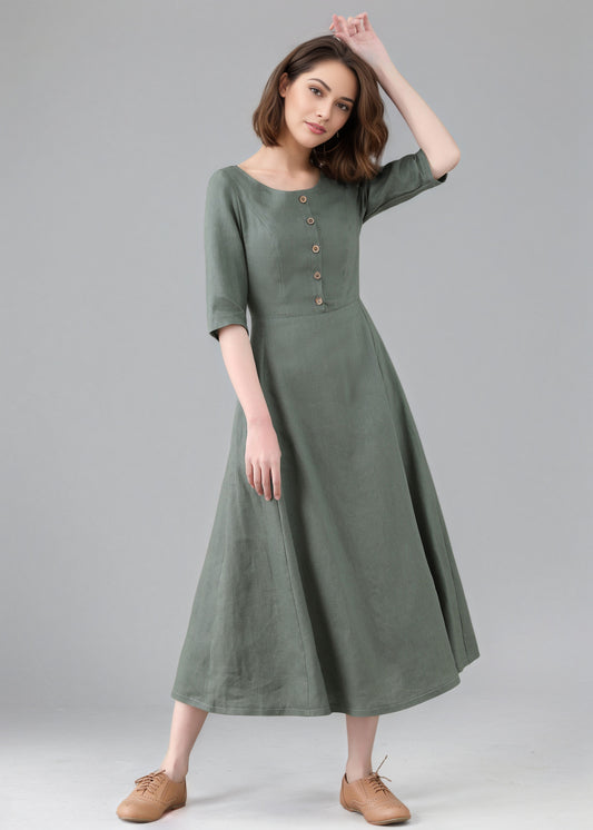 Fit and Flare Long Button Front Dress with Half Sleeves C5159